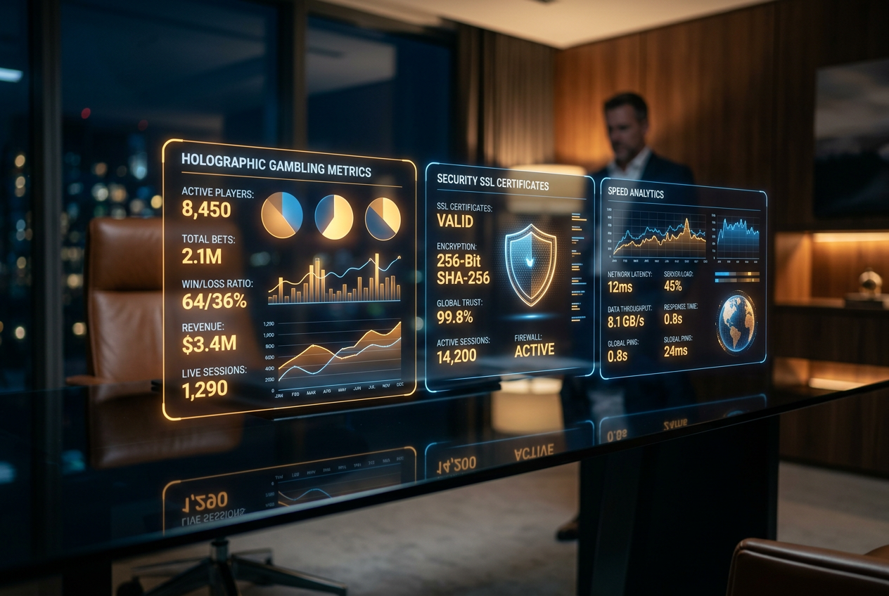 A high-tech digital interface displaying casino security and performance metrics.